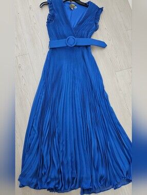 Taylor Dresses Royal Blue Pleated V-Neck Maxi with Belt